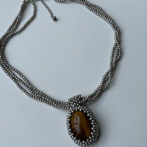 Sterling Silver Multi Strand Gray Authentic Pearls & Tiger Eye Stone necklace